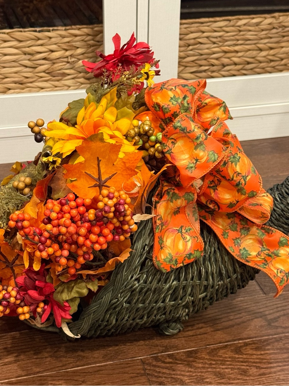 Fall Pumpkin Ribbon and Orange Yellow Faux Floral Cornucopia Basket Accent